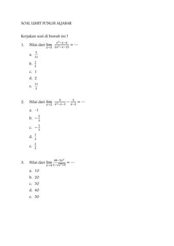 Soal limit fungsi aljabar