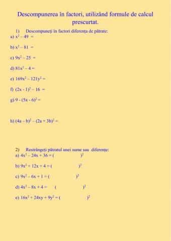 Descompunerea în factori utilizând formule de calcul prescurtat