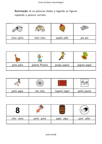 Ficha de trabalho Português 1º ano (p-t)