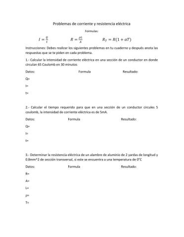 Ejercicios de corriente y resistencia eléctrica