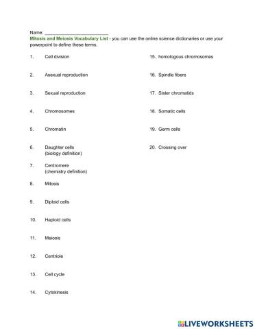 Mitosis and Meiosis Vocabulary