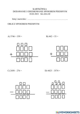 Dodawanie i odejmowanie pisemne