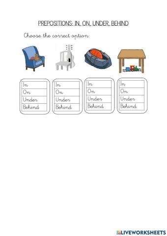 Prepositions: in, on, under, behind