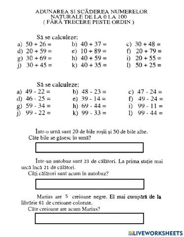 Adunarea si scaderea 0-100 fara trecere peste ordin