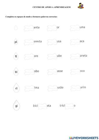 Ficha Grupos consonânticos PL-BL-CL-GL-FL