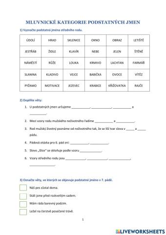 Pracovní list - Mluvnické kategorie podstatných jmen