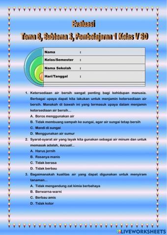 EVALUASI Kelas V SD, T8, ST3, PB1, Ellakarci