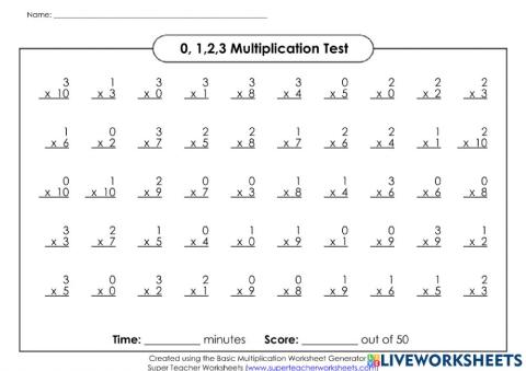 0,1,2,3 Multiplication Quiz