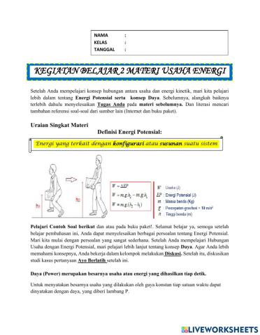 Lembar Kerja Peserta Didik Kegiatan Belajar 2 Usaha dan Energi