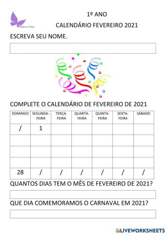 Calendario fevereiro 2021