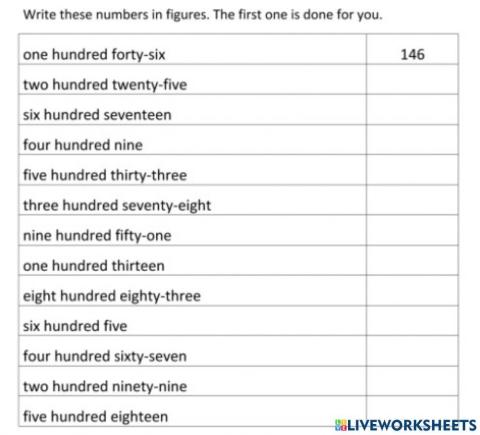 Write the numbers up to 1000 in numerals