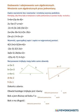 Dodawanie i odejmowanie sum algebraicznych. Mnożenie sum przez jednomian