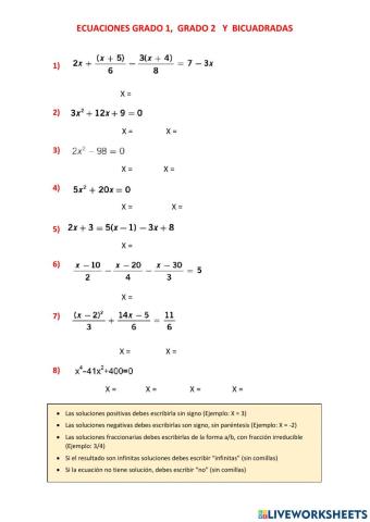 Ecuaciones primer grado, segundo grado y bicuadradas