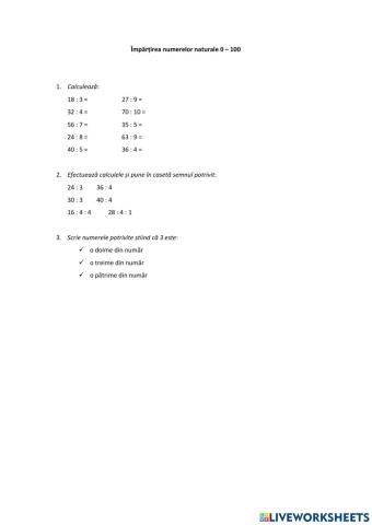 Impartirea numerelor naturale 0 - 100
