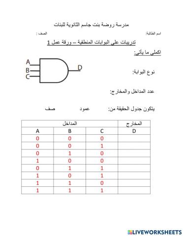 ورقة عمل تفاعلية 1- تدريبات على البوابات المنطقية