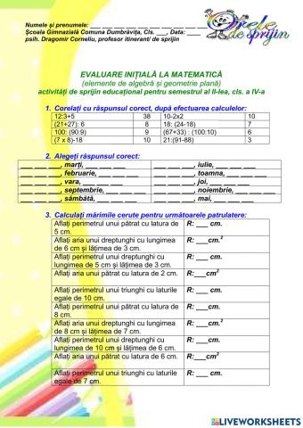 Evaluare initiala MATE sem II cls IV