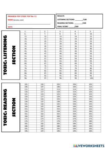 ANSER SHEET: Toeic list and reading