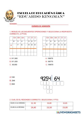 Examen de admisión de Matemática