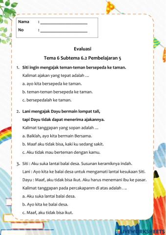 Evaluasi Tema 6 Subtema 6.2 Pembelajaran 5