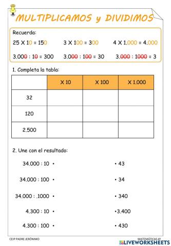 Multiplicar y dividir por 10, 100 y 1.000