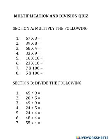 Multiplication and Division Quiz