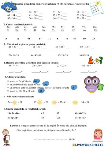 Exerciții -Adunări și scăderi 0-100