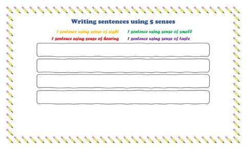 Writing sentences using 5 senses