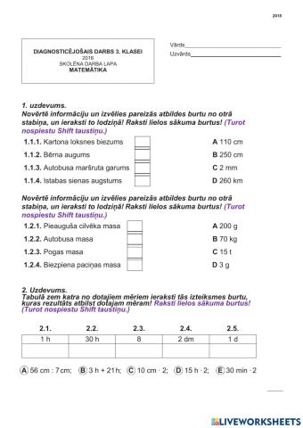 Diagnostikas darbs matemātikā 3.klasei