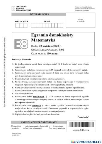 Egzamin ósmoklasisty 2020 - matematyka pytania zamknięte