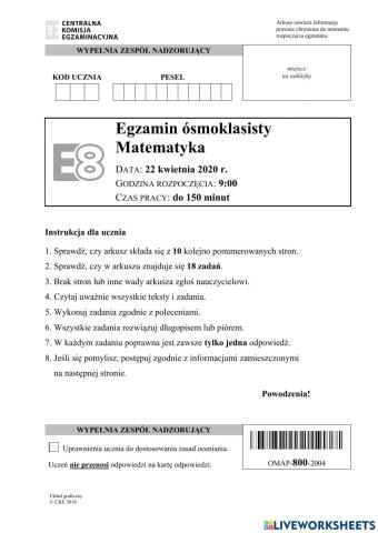 Egzamin ósmoklasisty 2020 - matematyka pytania zamknięte