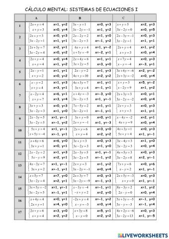 Cálculo mental: Sistemas de ecuacións