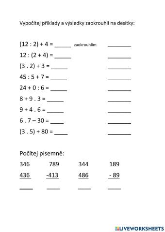 Počítání se závorkou, písemné sčítání a odčítání