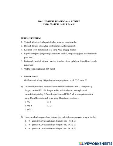 Soal Postest Penguasaan Konsep Materi Laju Reaksi