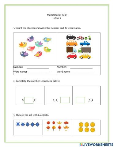 Mathematics Test infant 1