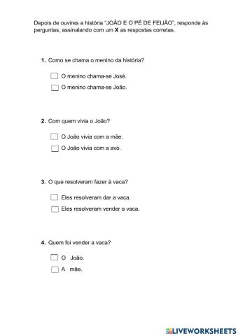 Questionário O JOÃO E O PÉ DE FEIJÃO