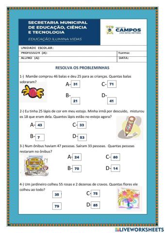 Problemas de adição e subtração