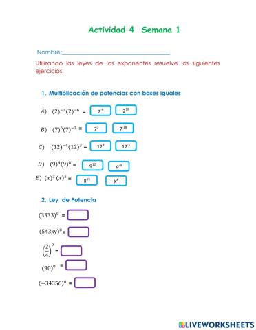 Actividad leyes de los exponentes