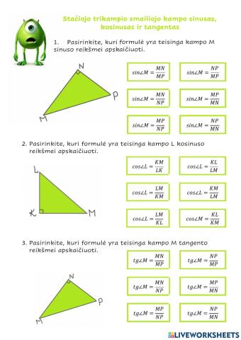 Stataus trikampio smailiojo kampo sin, cos, tg