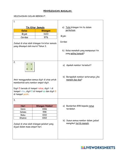 Latihan penyelesaian masalah tahun 3