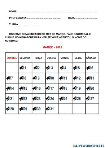 Calendário março 2021