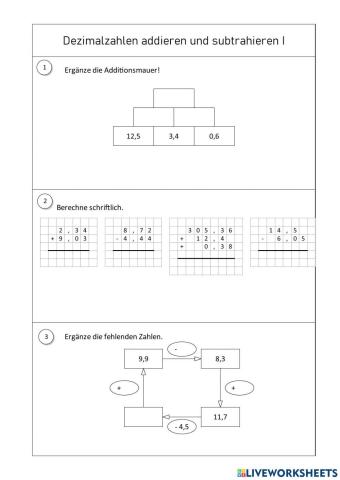 Dezimalzahlen addieren und subtrahieren I