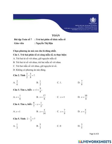 Toán 4 - 2021.02.26 - Trừ hai phân số khác mẫu số