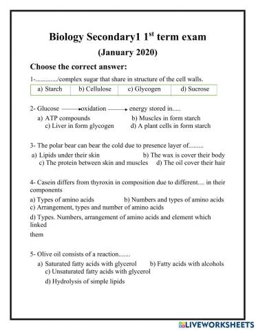 Biology Sec.1 1st term exam 2020