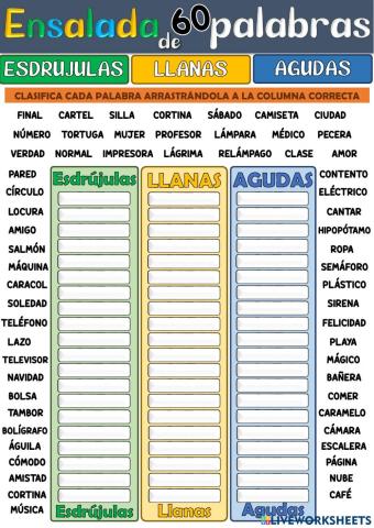 Clasifica palabras agudas, llanas y esdrújulas.