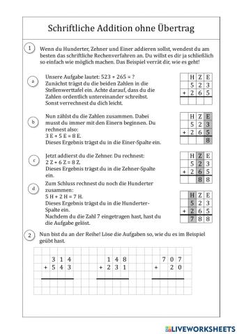 Schriftliche Addition ohne Übertrag