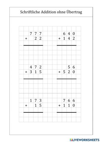 Schriftliche Addition ohne Übertrag Übung