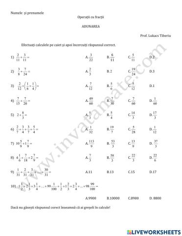 Adunarea fractiilor ordinare