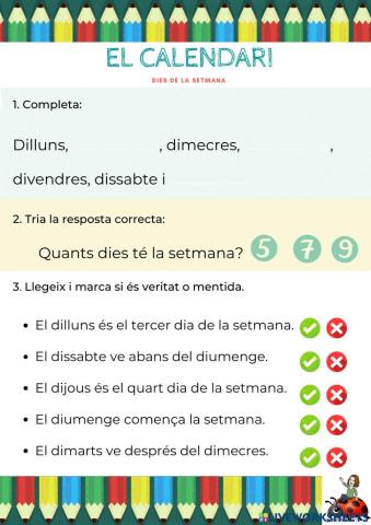 Els calendari: dies de la setmana