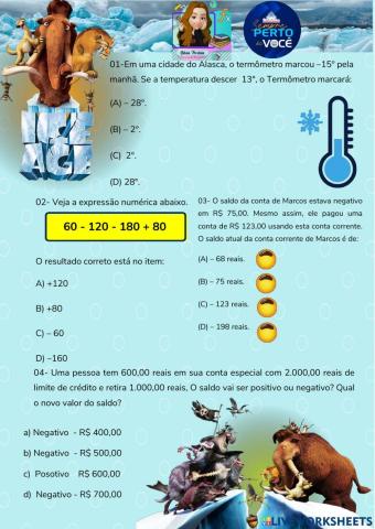 Atividade sobre número inteiros - 7° ano