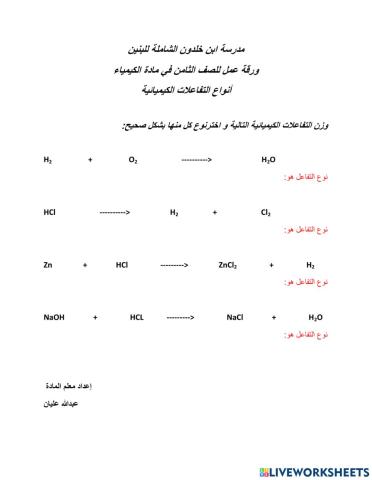 ورقة عمل في انواع المعادلات الكيميائية و توزينها